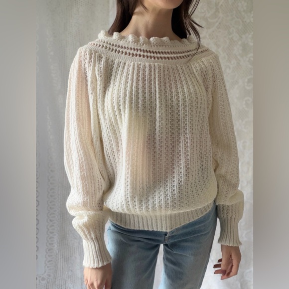 Vintage Cream Off Shoulder Knit Sweater Cottagecore Balloon Sleeve Soft - Picture 5 of 17